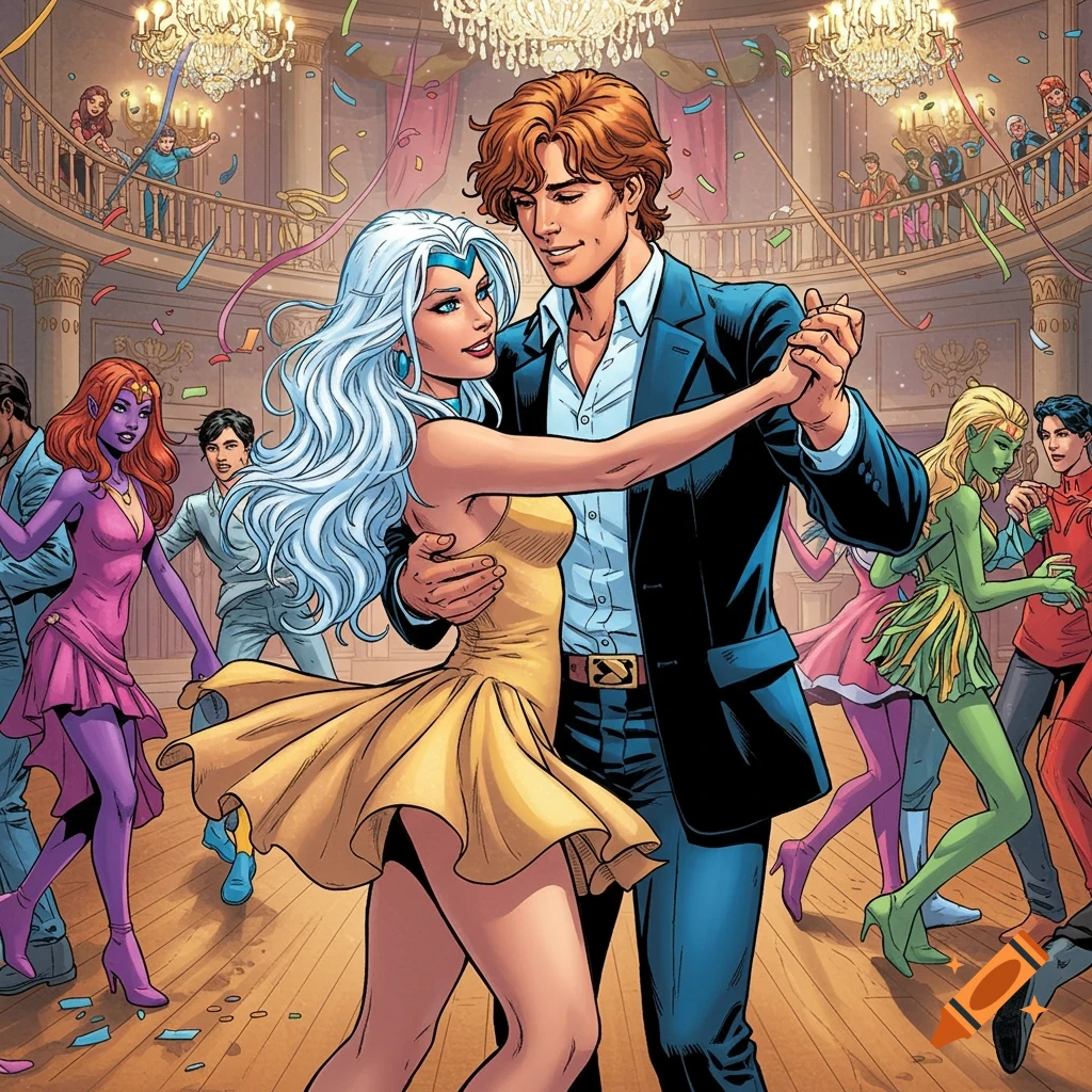 A white-haired woman in a yellow mini-dress dances with a brown-haired man in a suit at a vibrant school dance, in Marvel comic style.