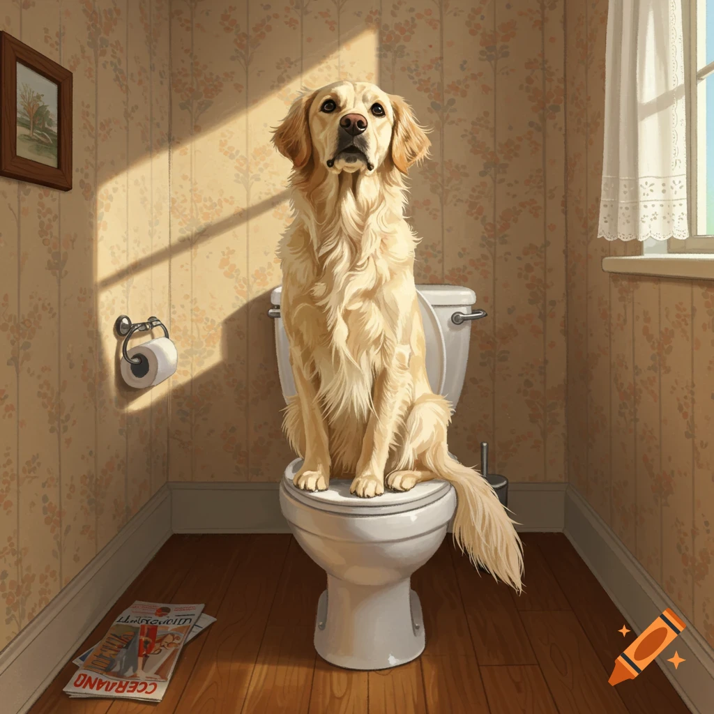 A Golden Retriever dog sitting upright on a toilet in a sunlit bathroom, with a magazine on the floor.