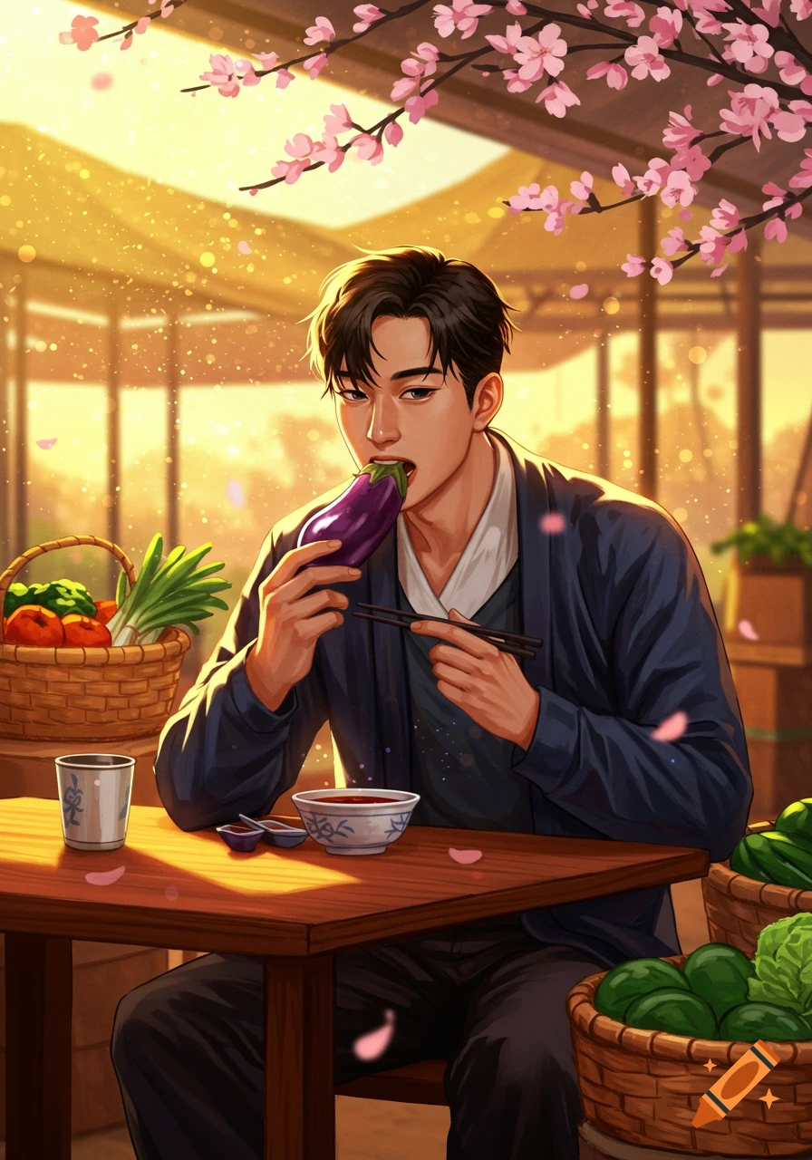 Anime-style illustration of an Asian man eating an eggplant with chopsticks at an outdoor market under cherry blossoms.