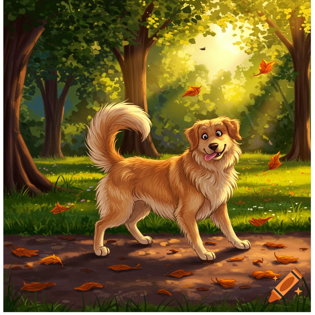 A happy golden retriever with its tongue out stands on a forest path, surrounded by trees, fallen leaves, and bright sunlight.