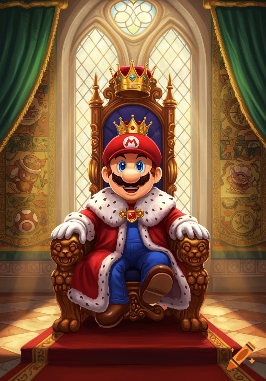 Cartoon illustration of Mario as a king, sitting on a golden throne in a grand hall with ornate tapestries and a large window.