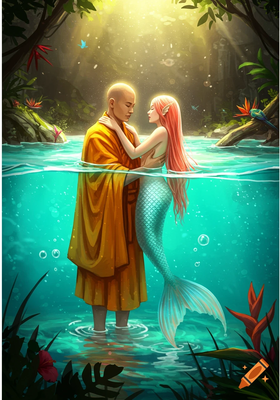 A bald monk and a mermaid with long pink hair embrace in a clear, sunlit jungle pool.