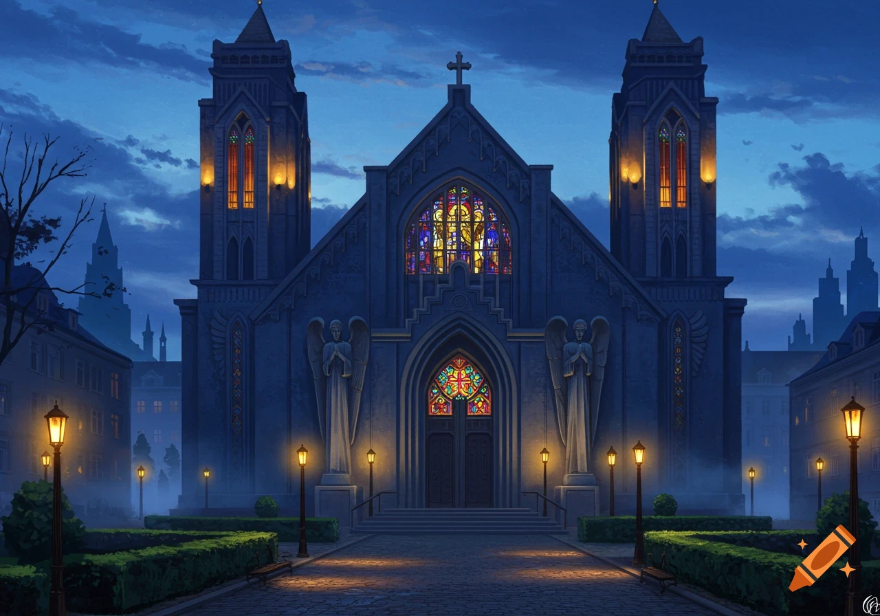A gothic-style church at night, illuminated by stained glass windows and streetlights lining a paved path.