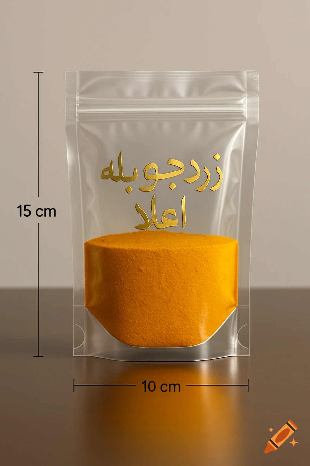 A clear cellophane spice pouch, 15 cm tall and 10 cm wide, filled with yellow turmeric powder, with " زردجوبه اعلا " in gold Persian text on the front.