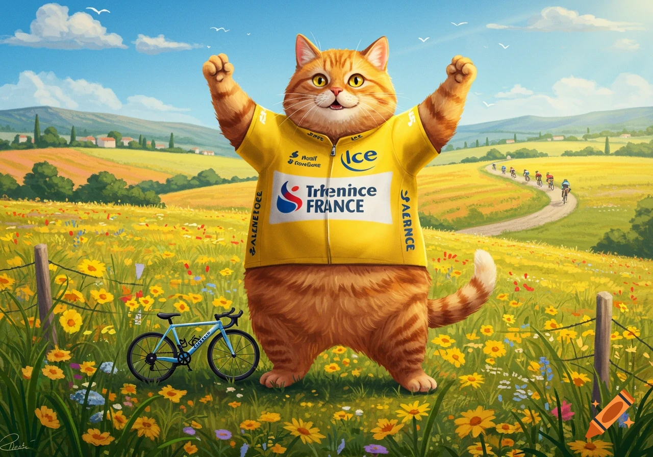 A cartoonish orange cat wearing a yellow cycling jersey stands in a field of yellow flowers, with distant cyclists on a winding path.