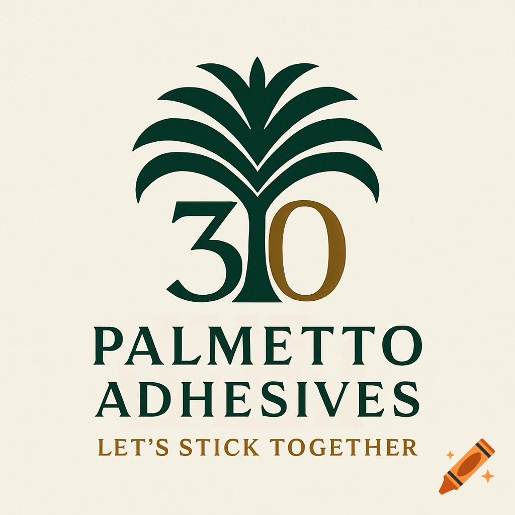 Logo for Palmetto Adhesives with a palm tree icon, the number 30, and the motto 'Let's Stick Together'.