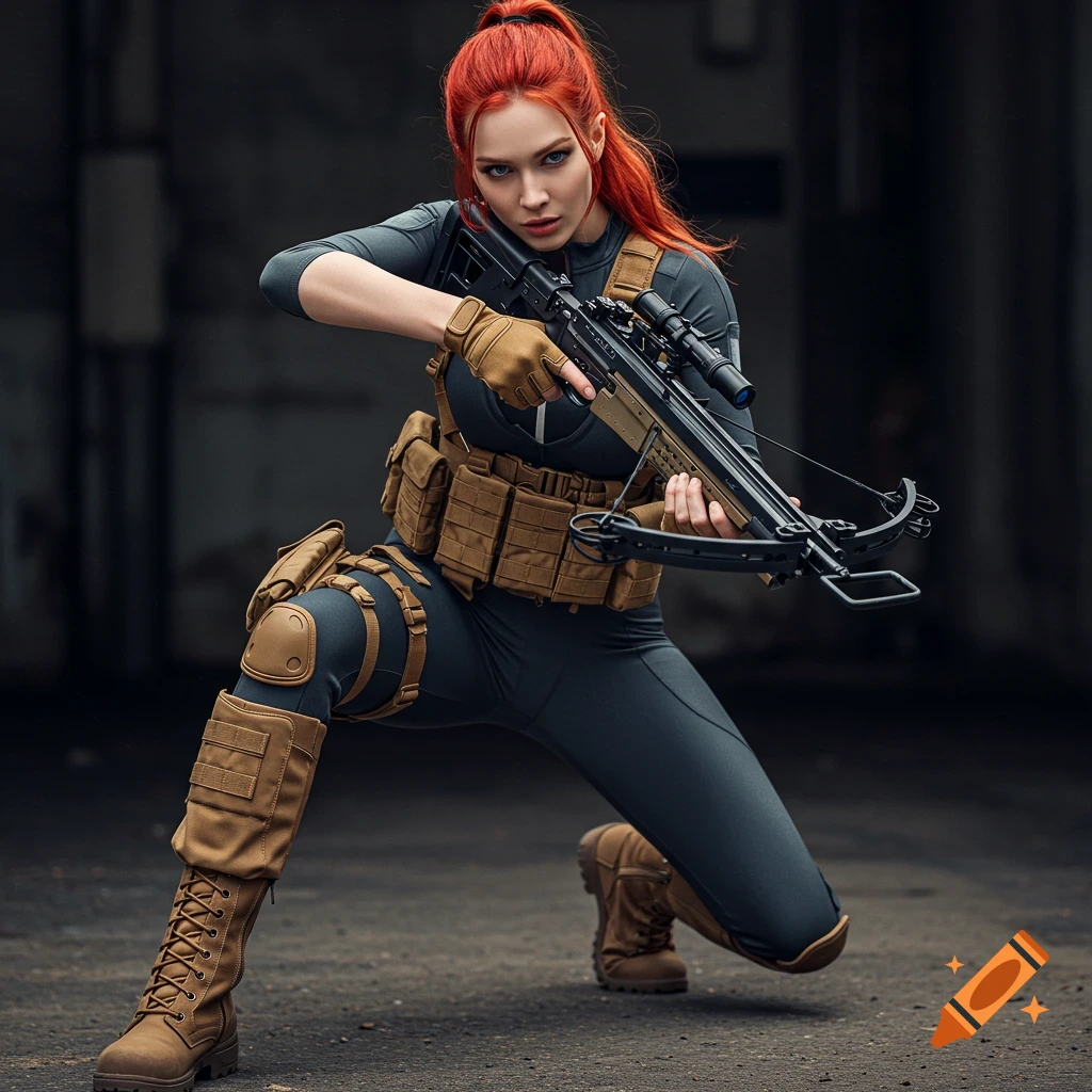 A red-haired woman in a dark gray bodysuit and tan tactical gear, kneeling while holding a crossbow, in a photorealistic style.