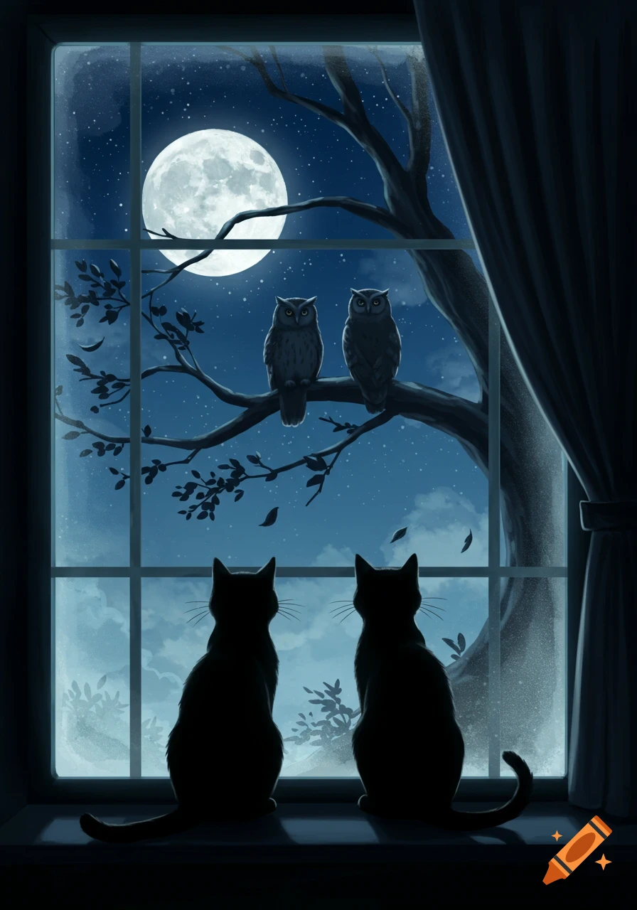 Silhouettes of two cats on a window sill watching two owls on a tree branch under a full moon at night.