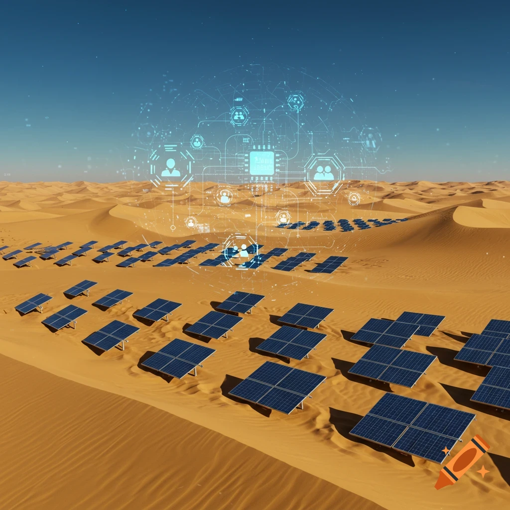 Photorealistic image of a solar farm in a sandy desert under a clear blue sky, with a holographic AI system overlay.