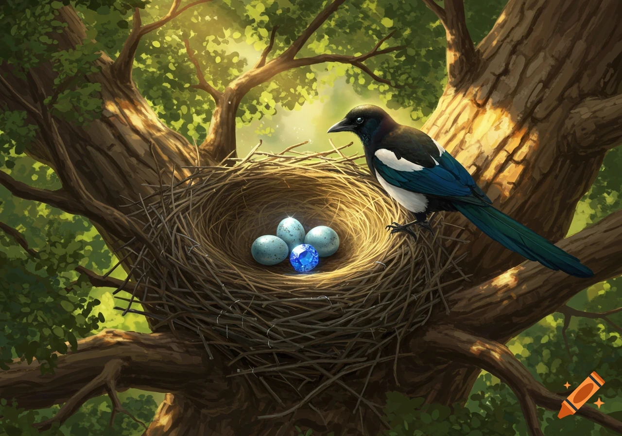 A magpie stands beside a nest holding three blue eggs and a glowing blue jewel in a sunlit tree.