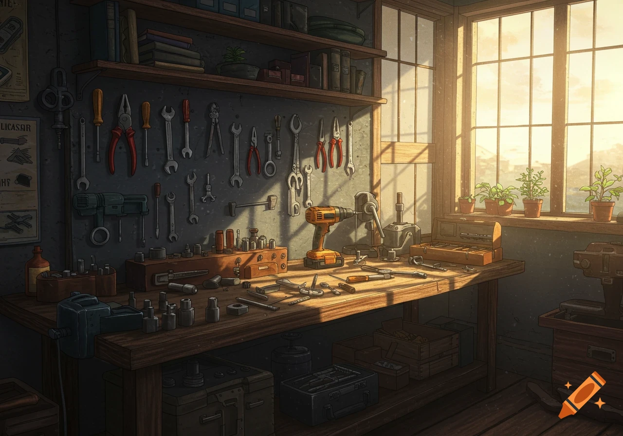 A stylized illustration of a sunlit traditional workshop with tools neatly organized on a wall and scattered on a wooden workbench.