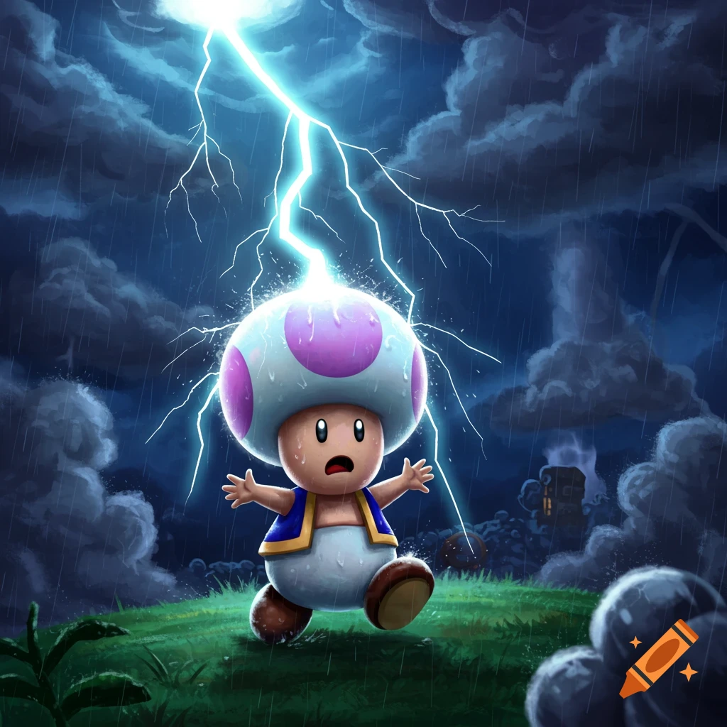 Toad from Super Mario looks scared as a bright lightning bolt strikes his head during a stormy night.
