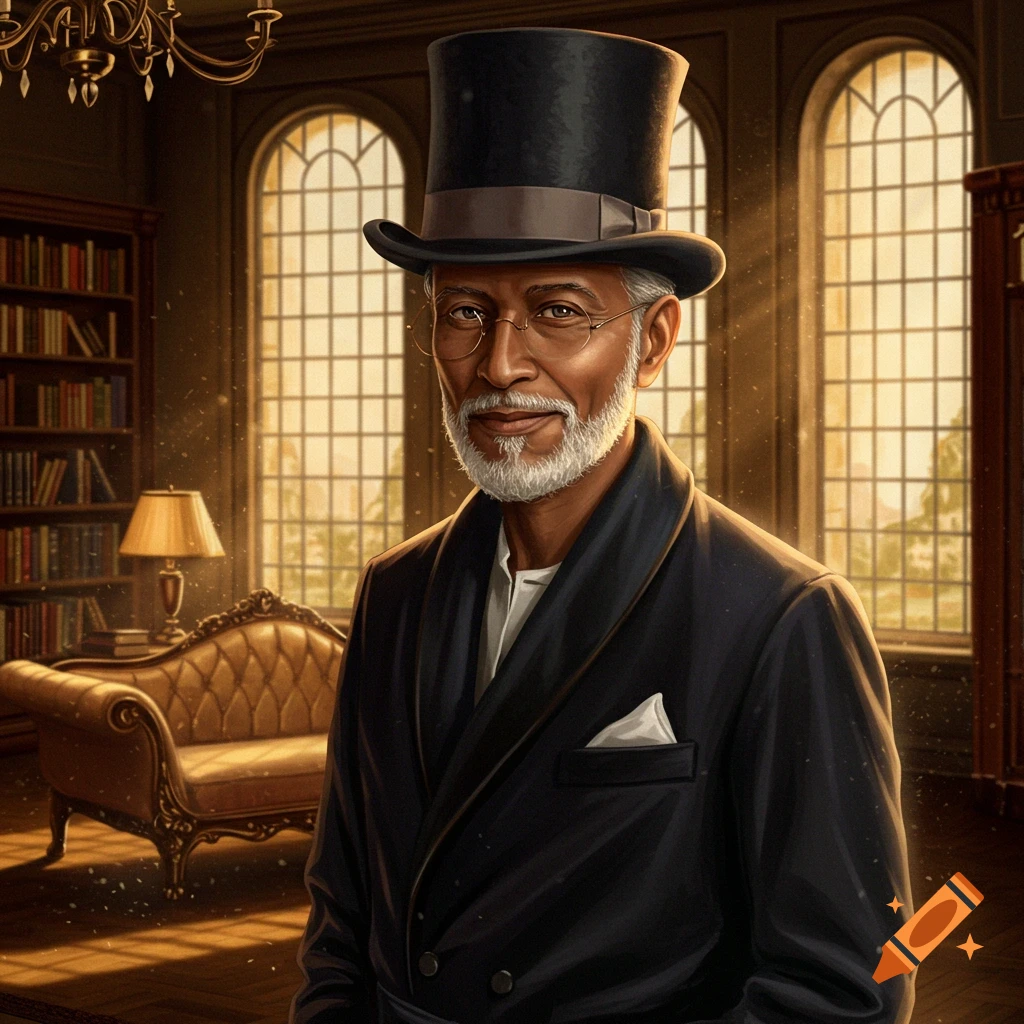 A distinguished man with a white beard and glasses, wearing a top hat and a dark robe, stands in a luxurious library with large arched windows.