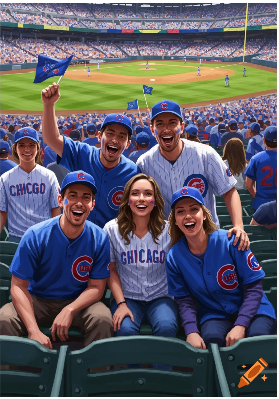 Group of cheerful fans in blue and white jerseys watching a baseball game from the bleachers.