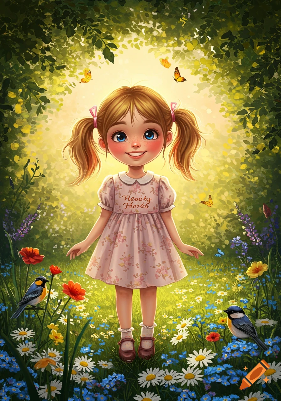 A cheerful cartoon girl with pigtails stands in a sunlit meadow full of colorful flowers and butterflies. Birds sit among the blossoms.