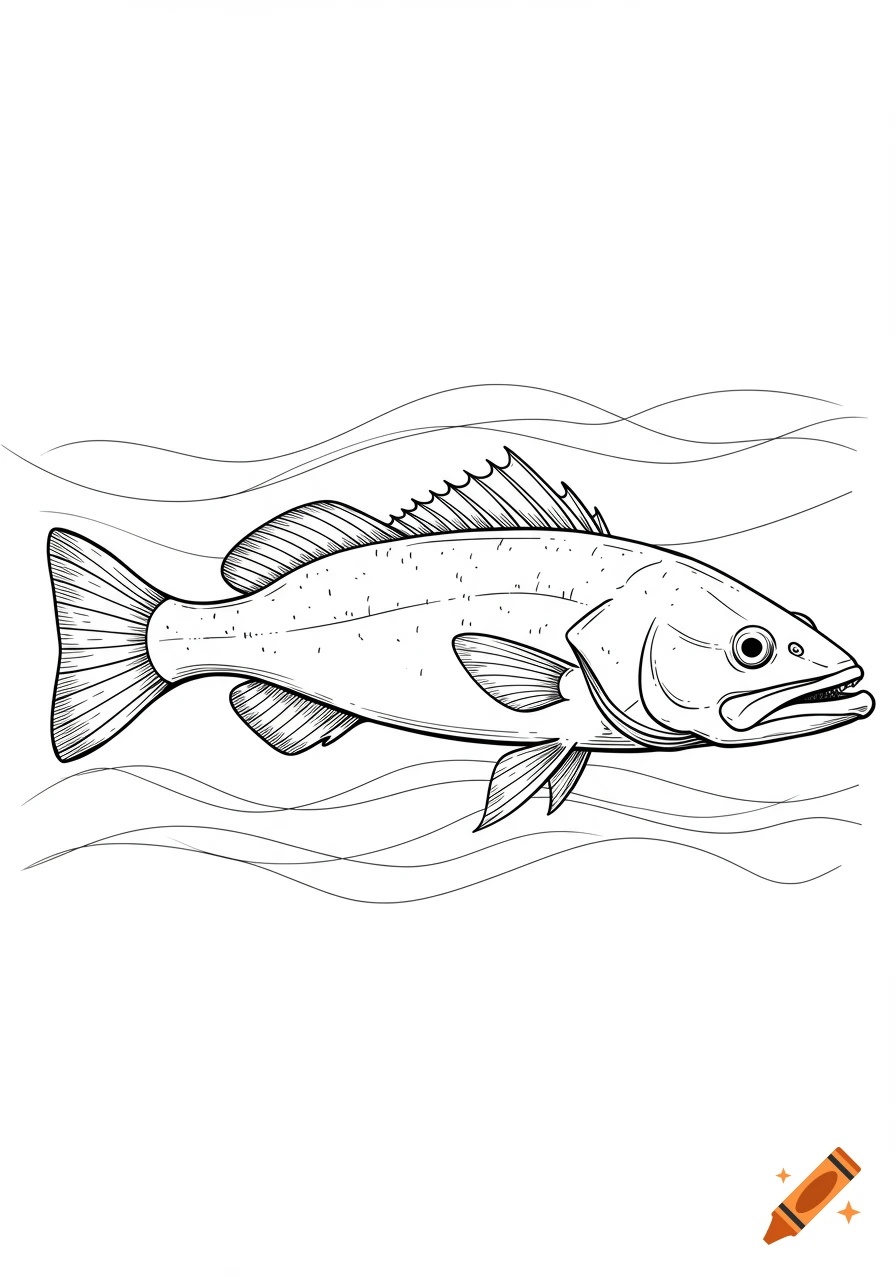 A black and white outline drawing of an Australian flathead fish swimming.