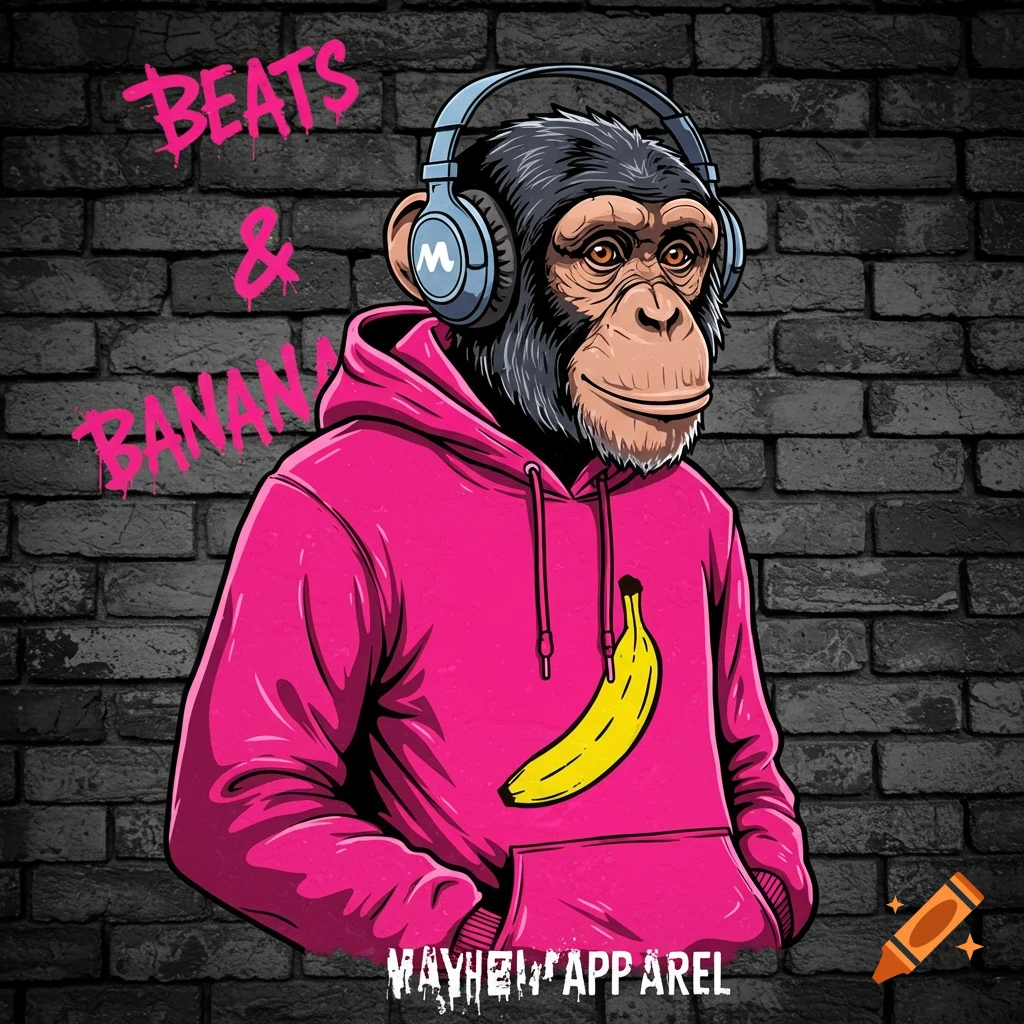A stylized cartoon image of a chimpanzee wearing blue headphones and a bright pink hoodie with a large yellow banana on the front. Pink graffiti text says "BEATS & BANANAS" above the chimpanzee. Below, "MAYHEM APPAREL" is written in a distressed font. All against a dark brick wall background.