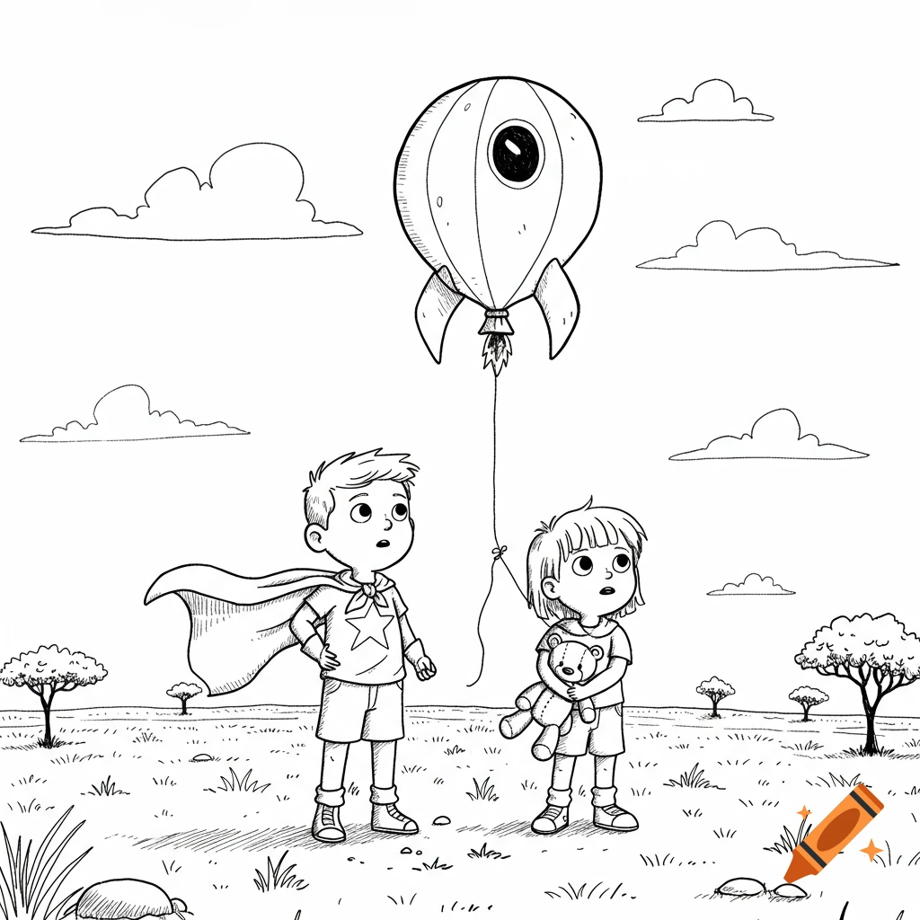 Black and white cartoon drawing of a boy in a cape and a girl holding a teddy bear looking up at a rocket balloon in a sparse landscape.
