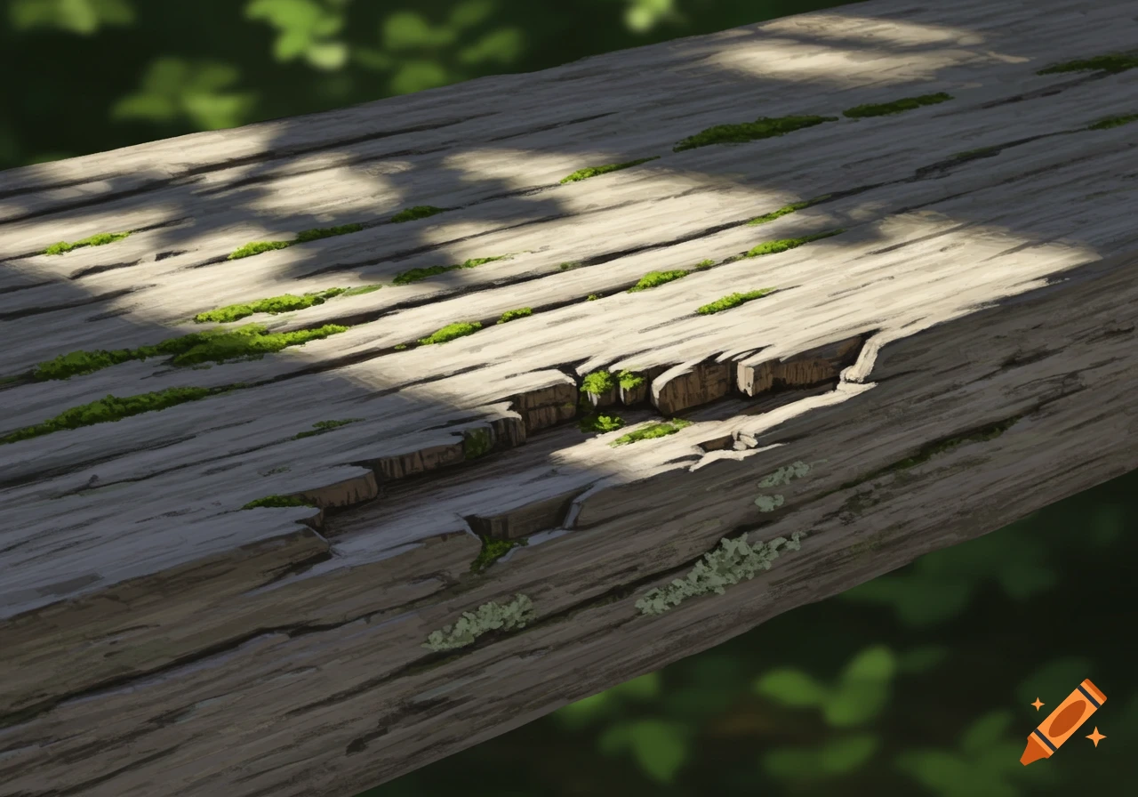 Close-up of a weathered wooden plank covered in moss and lichen, with dappled sunlight.