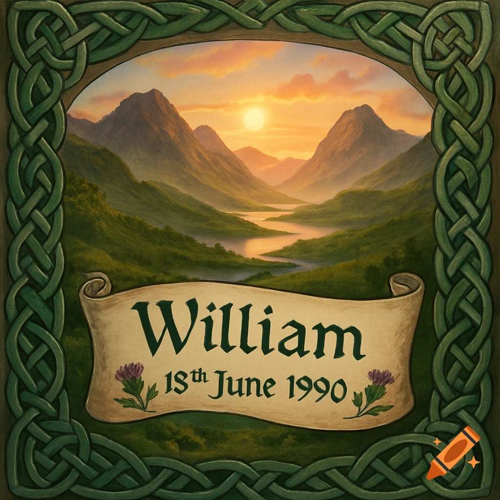 A stylized painting of a Scottish landscape at sunset, framed by intricate green Celtic knotwork, with a scroll bearing the name "William" and date "18th June 1990" adorned with thistles.