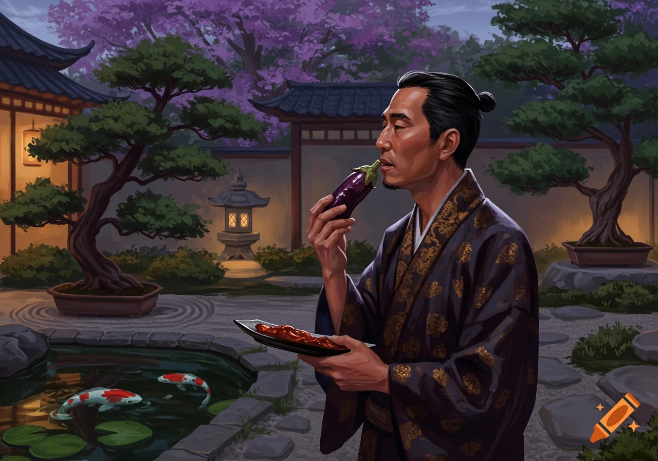 Asian man in traditional attire smelling an eggplant in a tranquil Japanese garden with koi pond and bonsai trees.