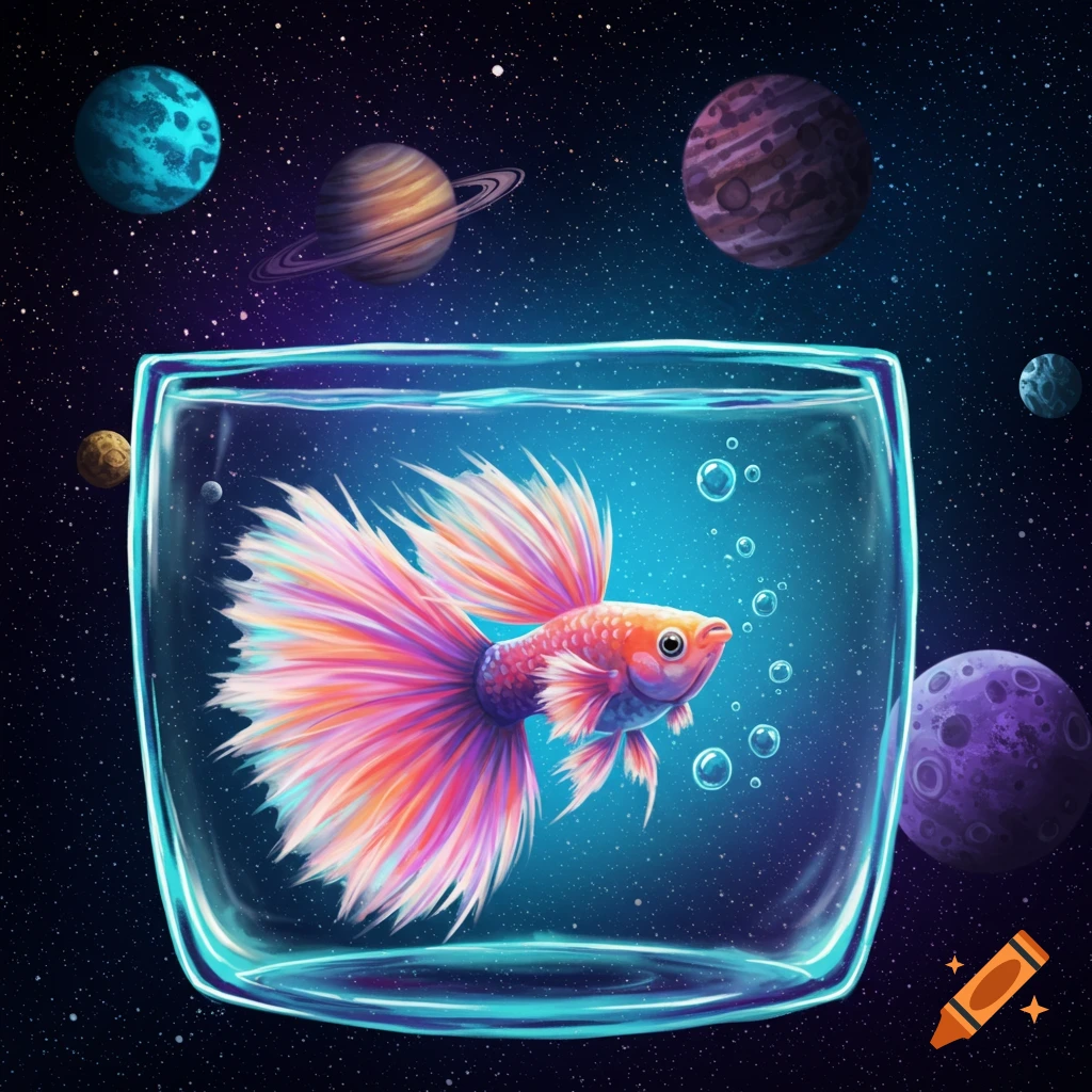 A vibrant betta fish with large fins swims in a glass bowl, set against a dark outer space background with colorful planets and stars.