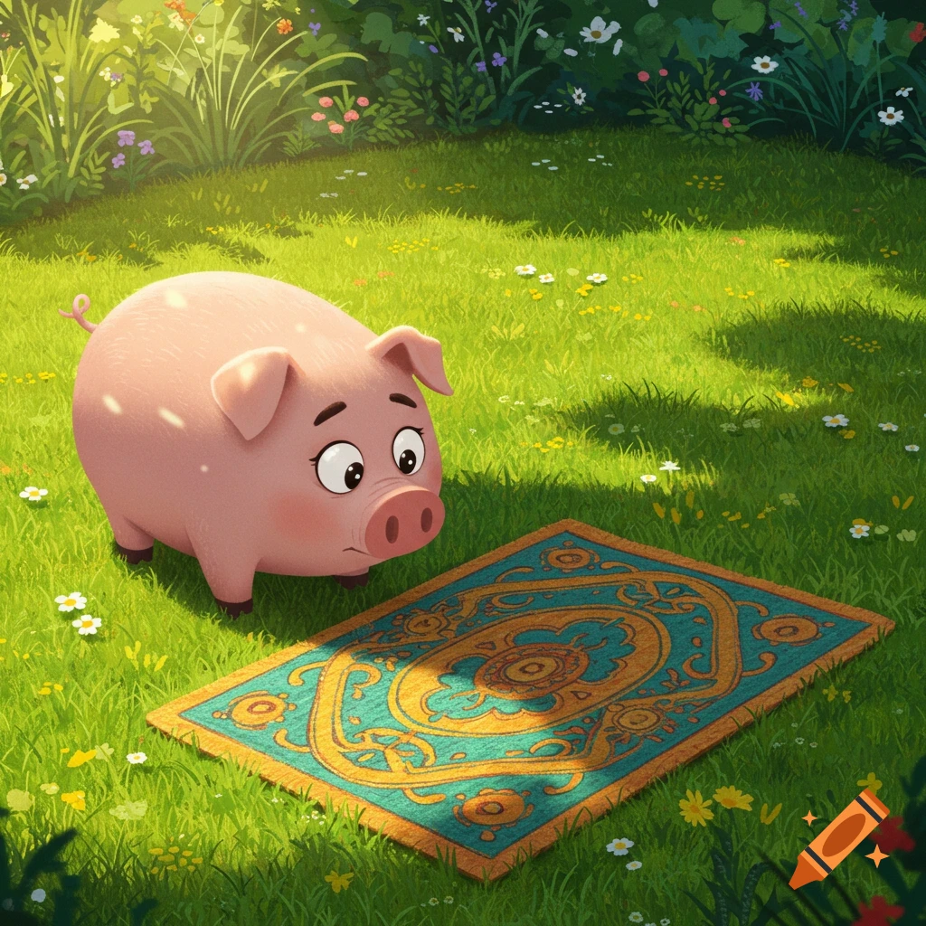 A cute pink cartoon pig stands in green grass with small wildflowers, looking down at a turquoise and gold patterned mat.