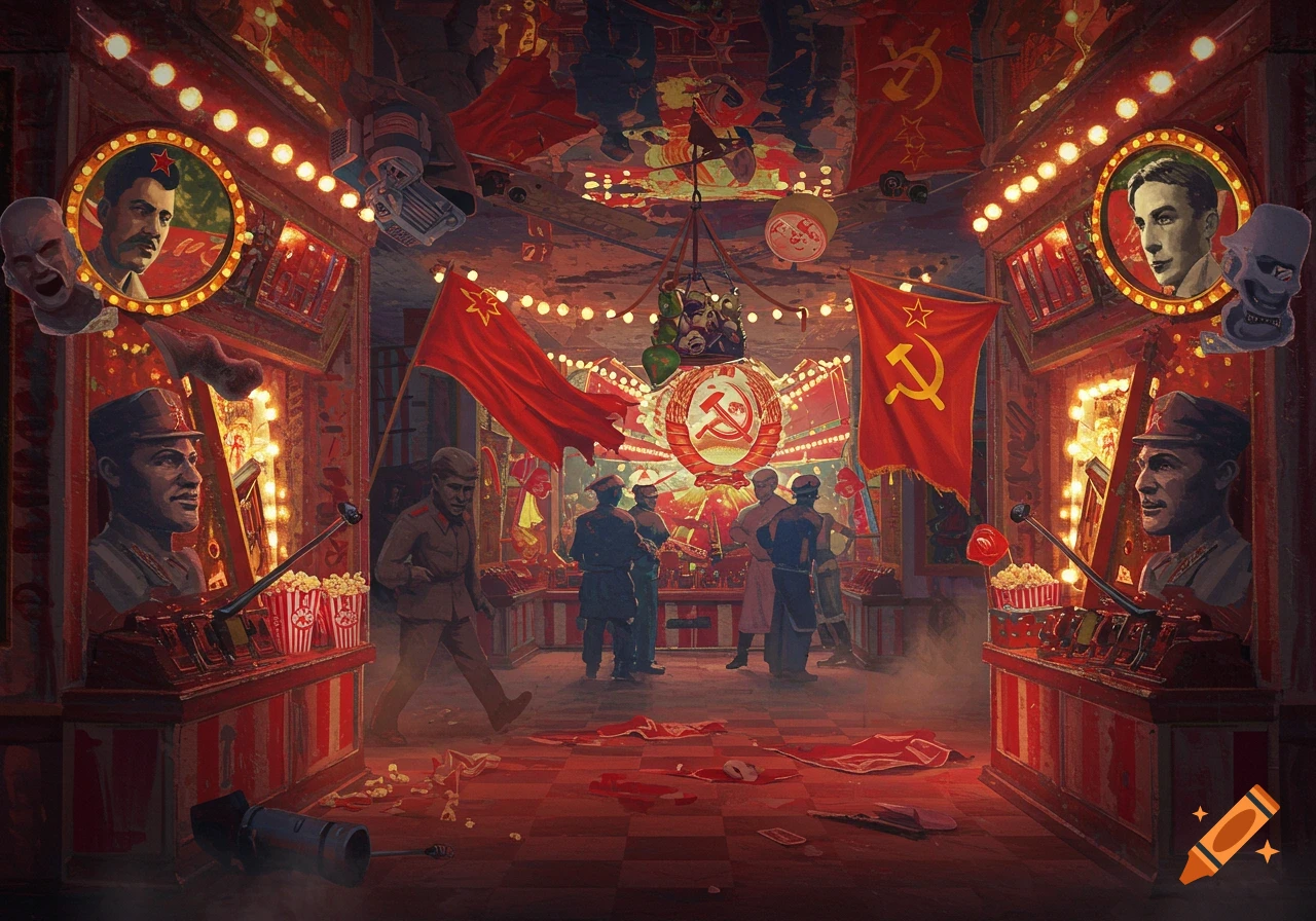 A dimly lit, red-themed funhouse room adorned with Soviet flags, hammer and sickle symbols, and portraits of leaders, with figures wandering among debris.