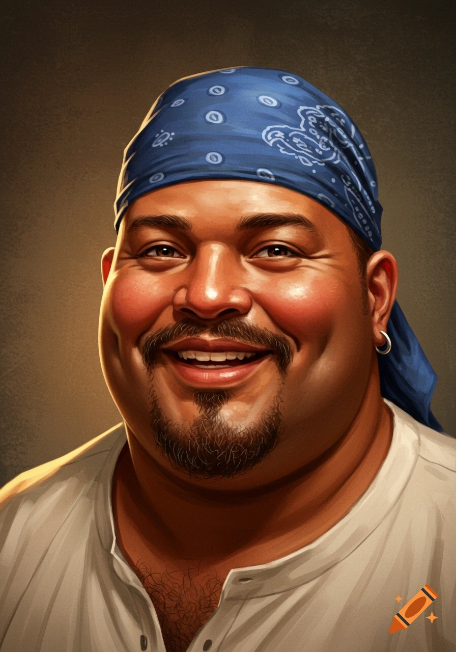 A close-up digital painting of a smiling chubby man with a goatee and mustache, wearing a blue bandana, against a dark background.
