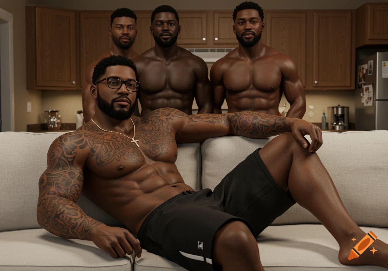 A muscular man with tattoos and glasses sits on a couch, shirtless, with three other muscular men standing behind him in a kitchen. Photorealistic style.