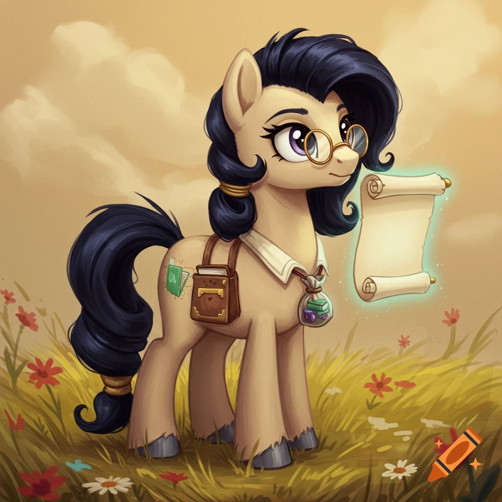 A beige My Little Pony character with dark wavy hair, glasses, and a satchel, stands in a field of flowers, holding a glowing blank scroll.