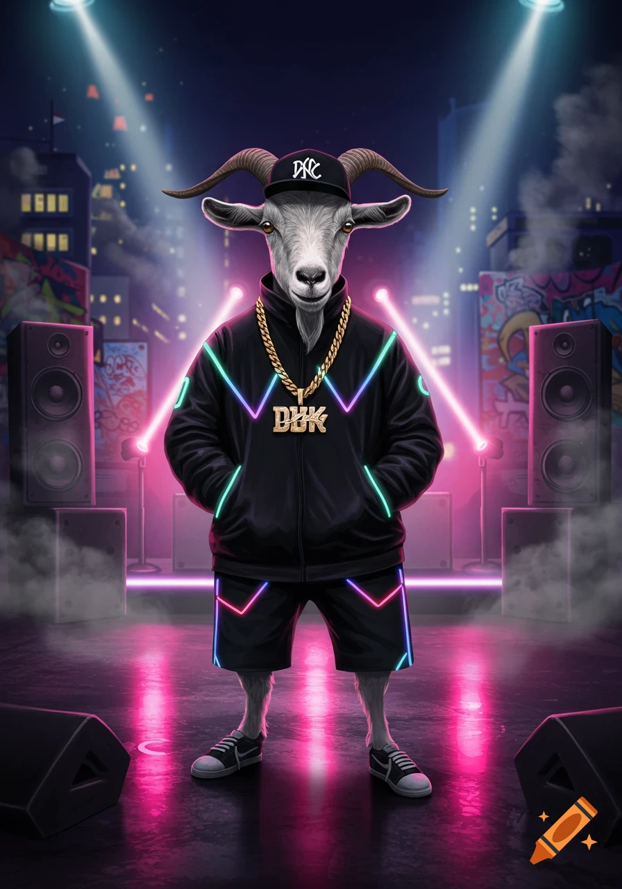 A photorealistic goat dressed as a rapper, wearing a black jacket with neon lights and a gold chain, on a stage with city lights.