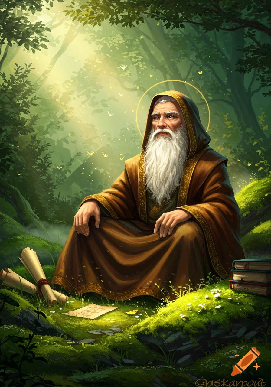 An old man with a long white beard and hooded brown robe sits in a sunlit forest. Scrolls and books lie beside him. Fantasy art.