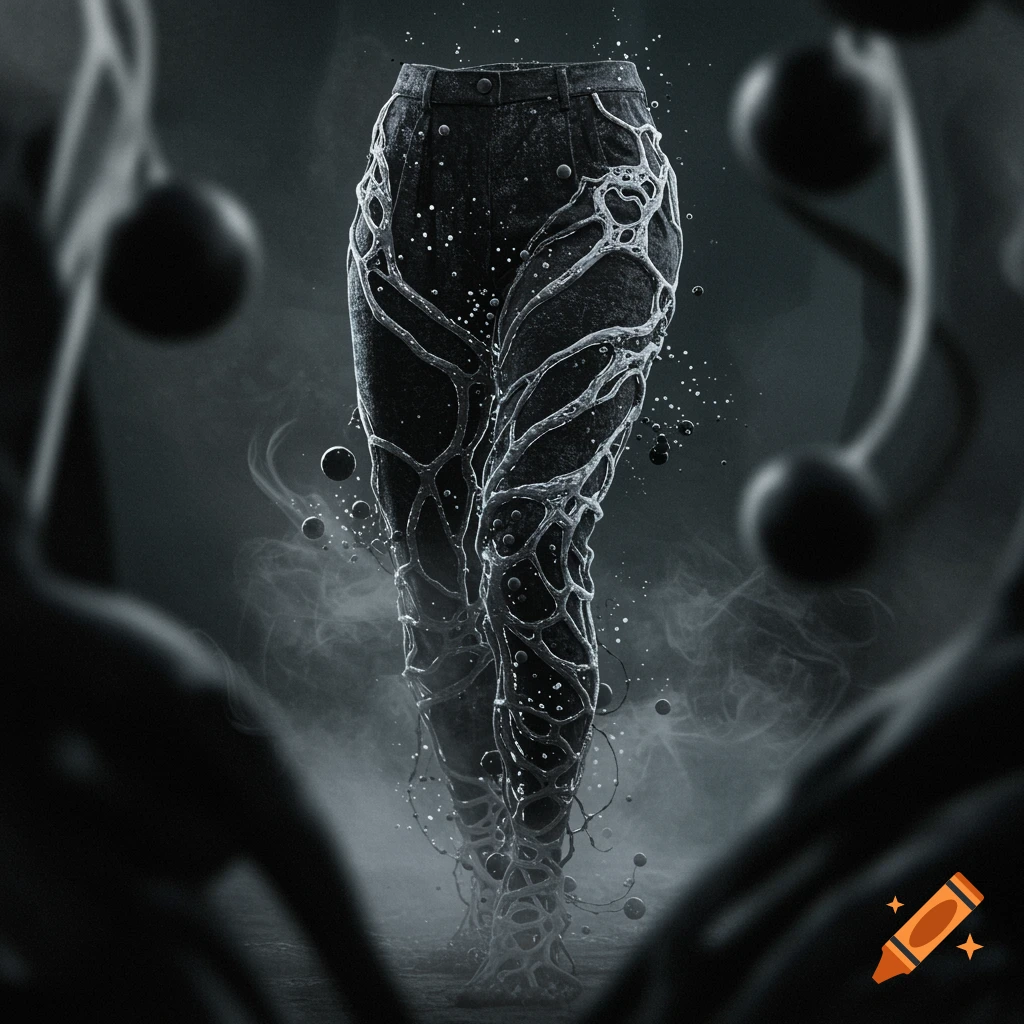 Dark pants covered in glowing white symbiotic tendrils and floating particles against a smoky, dark background.