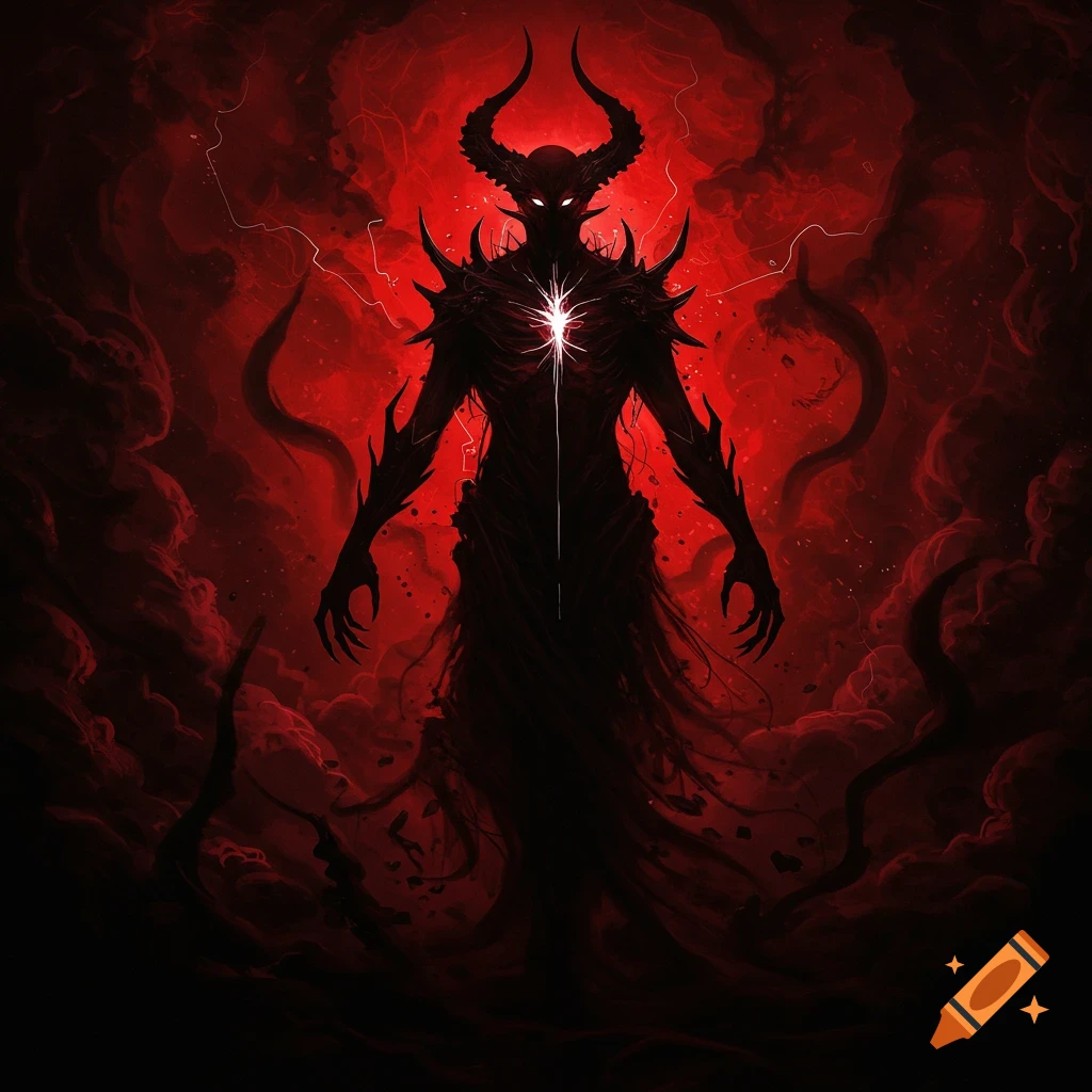 A dark, horned demon with glowing eyes and a bright white heart stands against a swirling red and black smoky background.