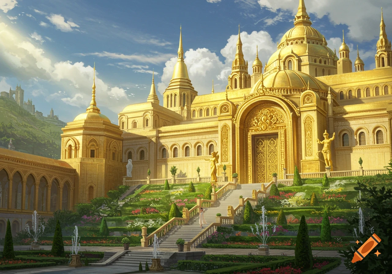 A grand golden palace with multiple domes and spires, surrounded by terraced gardens, fountains, and a clear blue sky.
