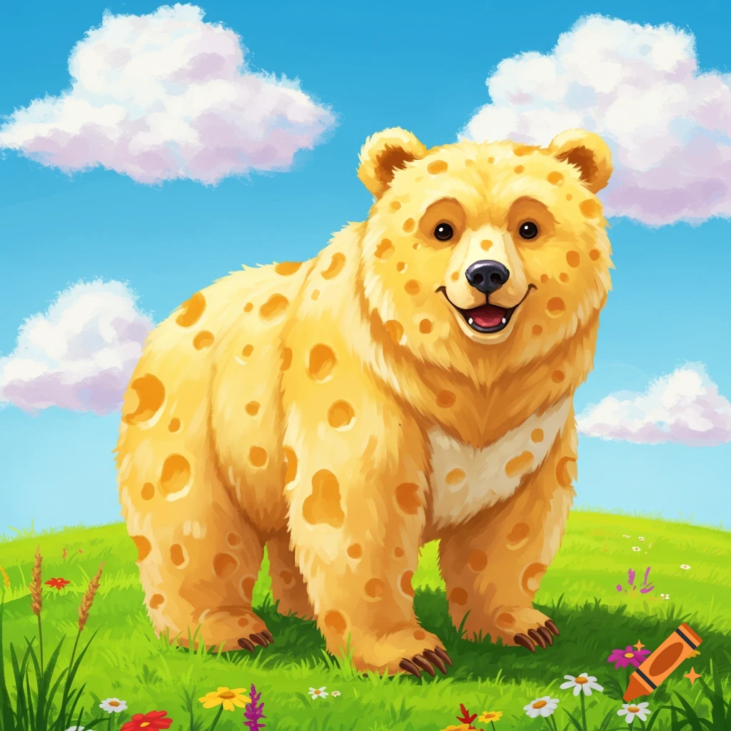 A cheerful cartoon bear with a Swiss cheese-like fur pattern stands in a green grassy field under a blue sky with fluffy clouds.