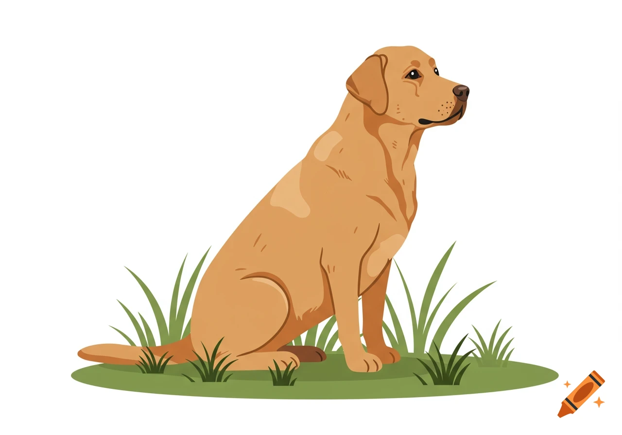 An illustrated golden Labrador Retriever dog sits on a patch of green grass against a white background.