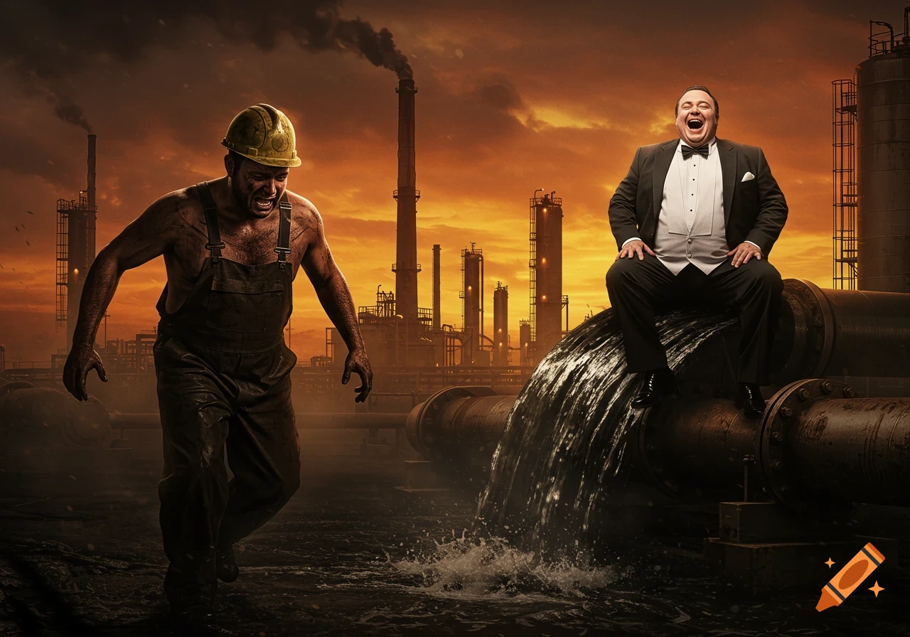 A struggling oil refinery worker in an industrial setting, with a laughing wealthy man sitting on a pipe spewing oil.