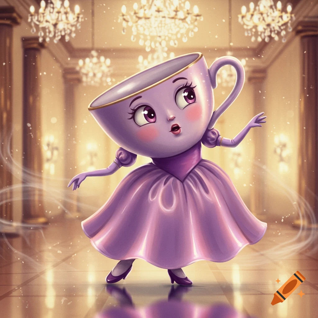 A whimsical purple teacup character with arms and legs dances in a grand ballroom.