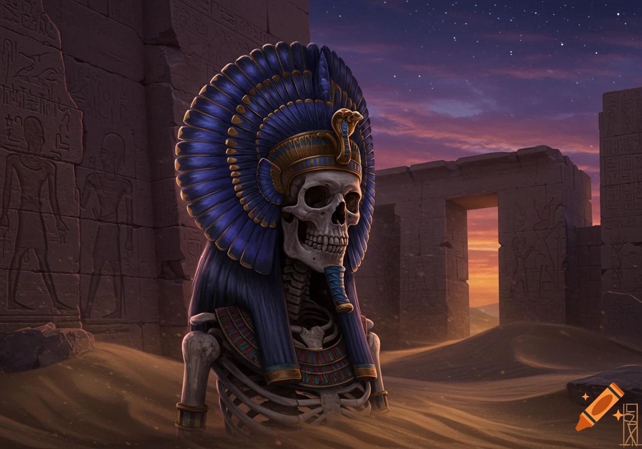 An ancient skeleton wearing a blue and gold Egyptian pharaoh's headdress sits in the sand amidst desert ruins at sunset.