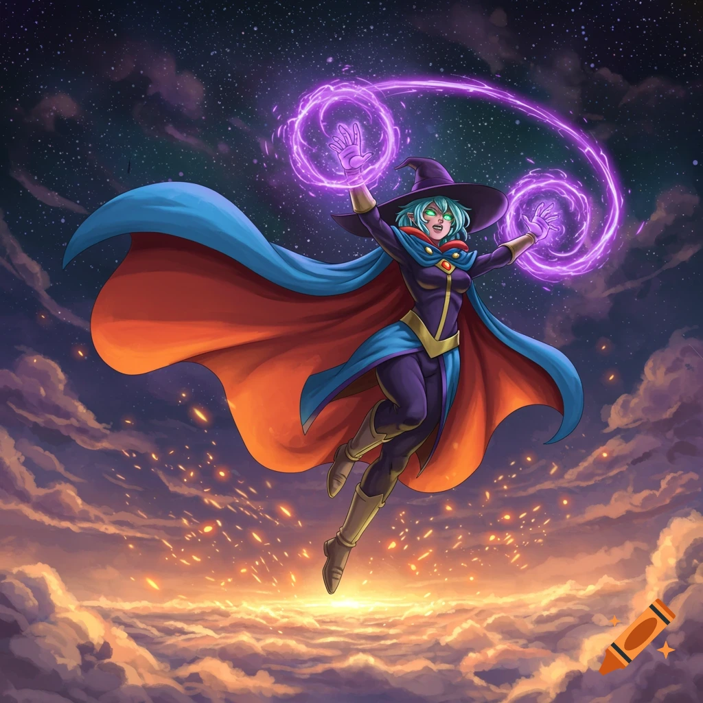 An anime witch with green hair and a purple outfit floats in a starry night sky above fiery clouds, casting purple magic.