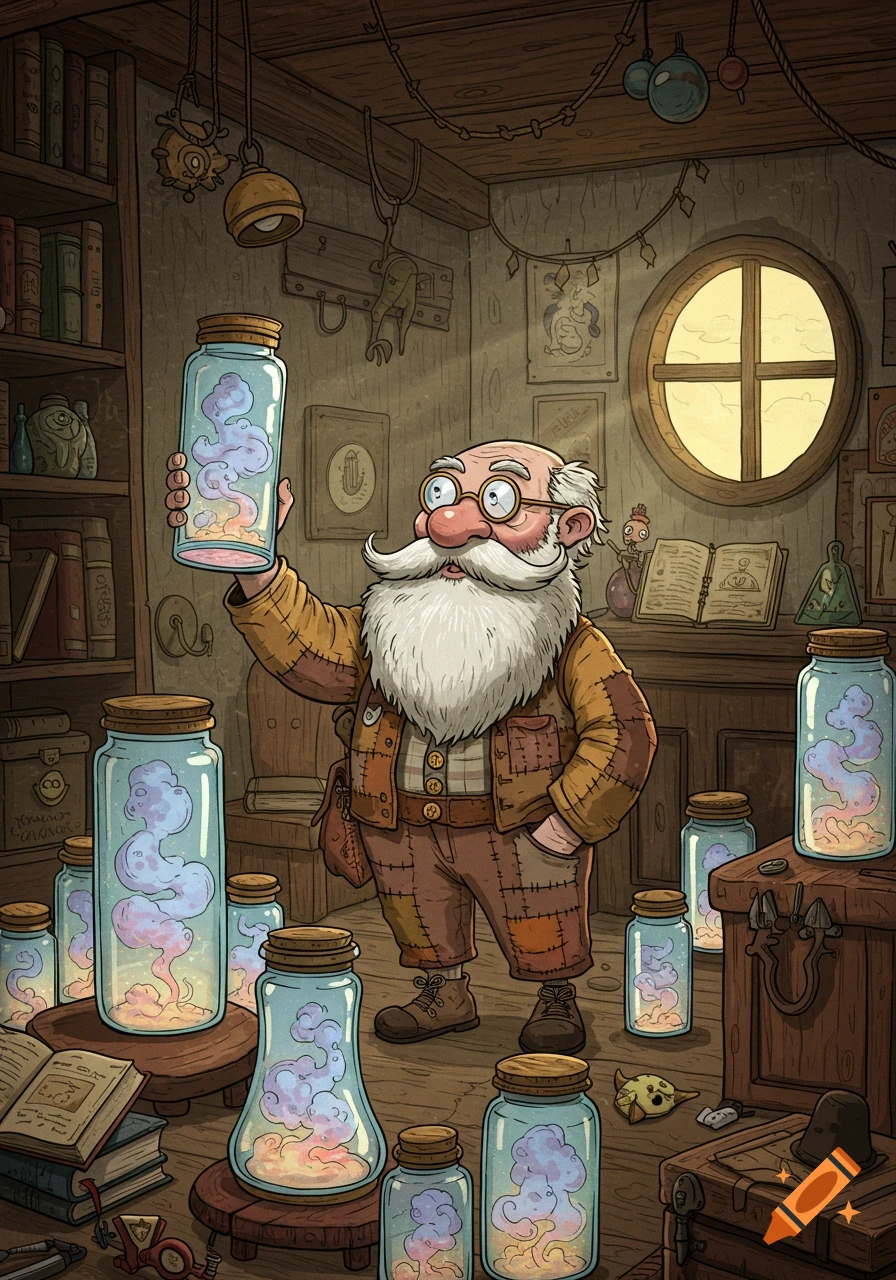 An old, bearded man in a patched brown suit stands in a cluttered, magical study, holding up a jar filled with a glowing, colorful mist. Many similar jars are around him.