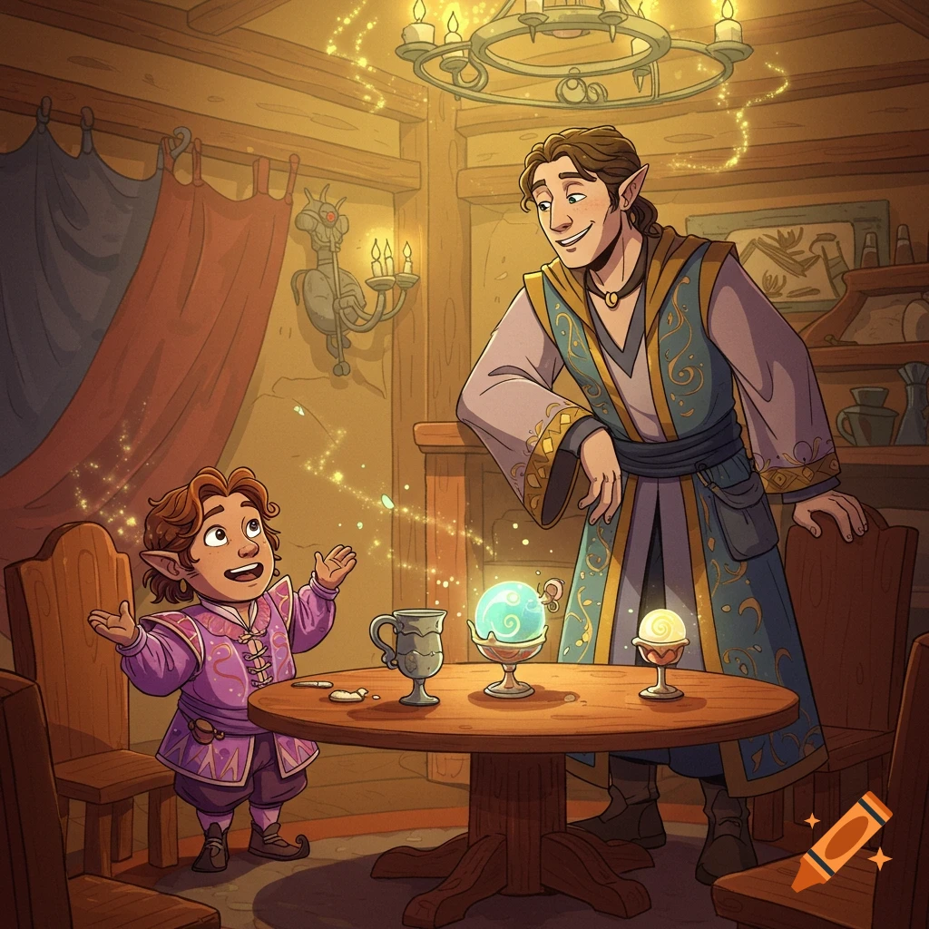 A tall adult elf smiles at a small child elf looking excited by glowing magic in a fantasy tavern, cartoon style.