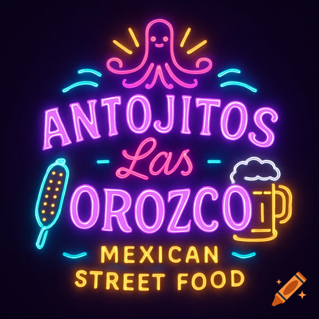 A vibrant neon sign for 'Antojitos Las Orozco Mexican Street Food' featuring a cartoon octopus, elote, and beer mug.