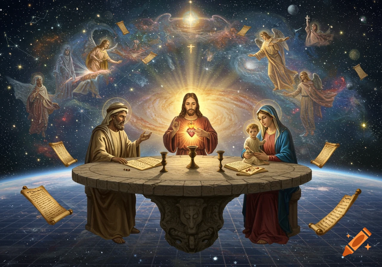 Religious illustration of Jesus, Mary with infant, and Joseph at a stone table in space, surrounded by angels, galaxies, and scrolls.