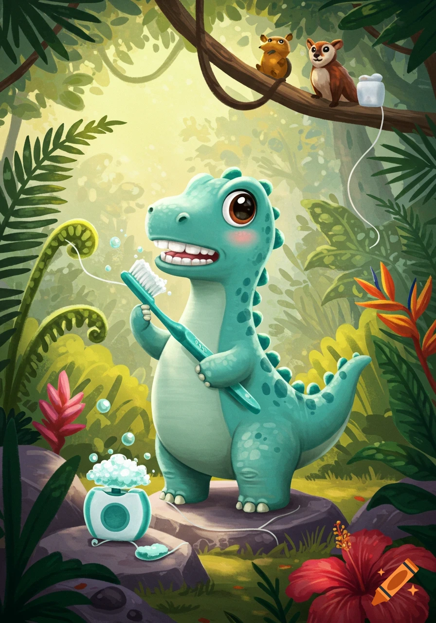 A cute cartoon dinosaur brushes its teeth in a lush jungle, with small animals watching from a branch.