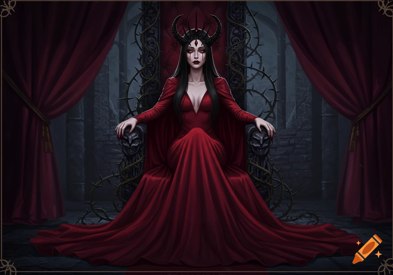A dark fantasy illustration of a woman with black horns and glowing eyes, wearing a flowing red gown, seated on a thorny black throne.