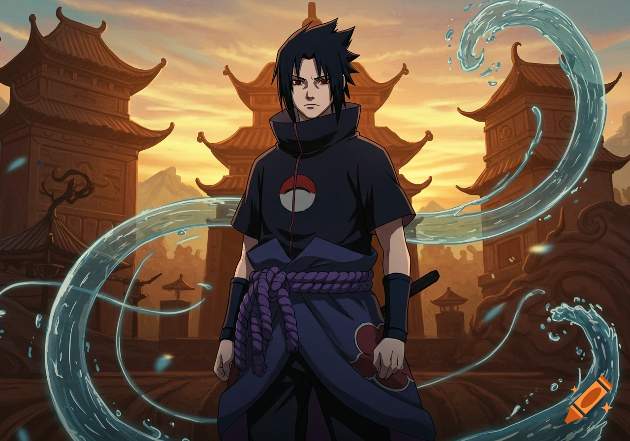 Sasuke Uchiha in Legend of Korra art style, standing amidst swirling water with traditional buildings in the background.