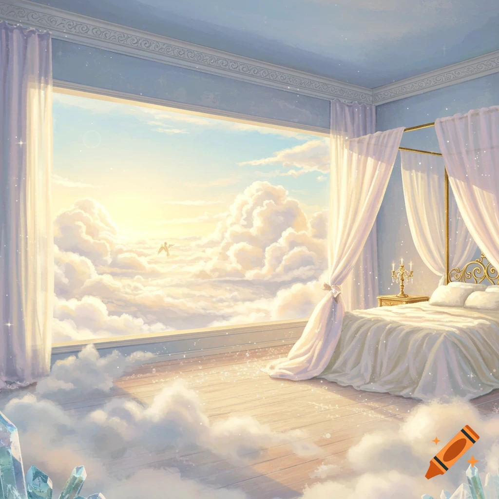 An ethereal bedroom featuring a four-poster bed with white drapes and a large window overlooking a vast expanse of clouds with a bright sky, in an illustrative style.